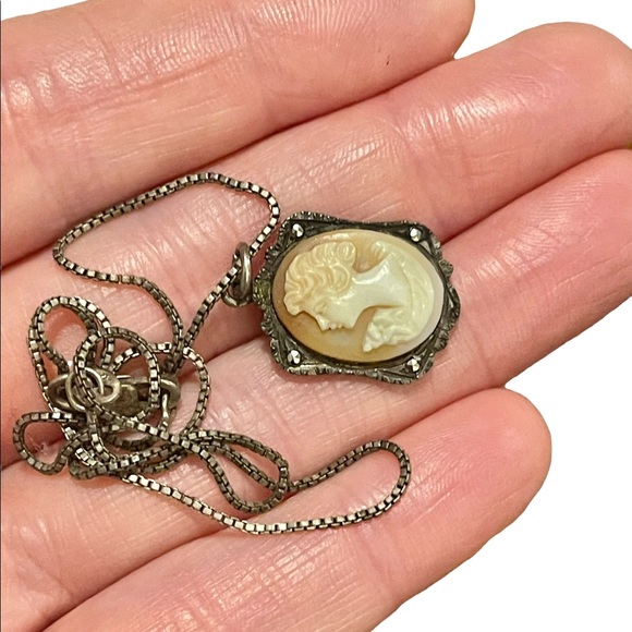 Antique 800 sterling silver shell cameo marcasite necklace Marcasite - Picture 8 of 12